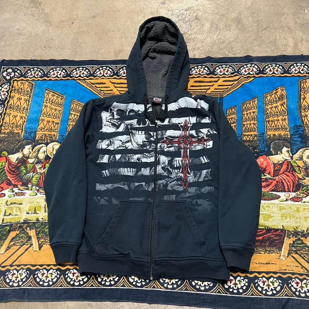 MMA elite skull hoodie Size medium Sherpa Lined Fur Hood Punk Skater Grunge y2k - Picture 7 of 7